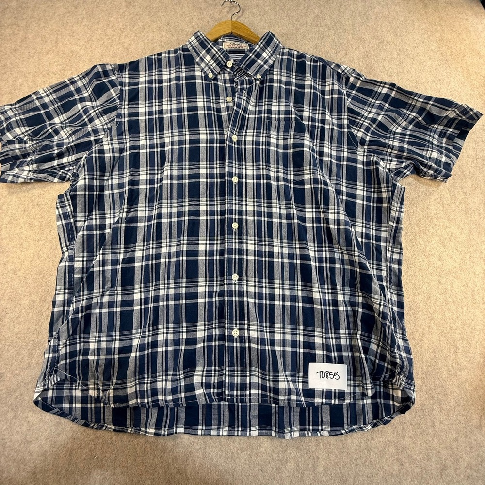 The New Ivy Brand Mens XL Navy Blue White Plaid Indian Madras Short Sleeve Shirt